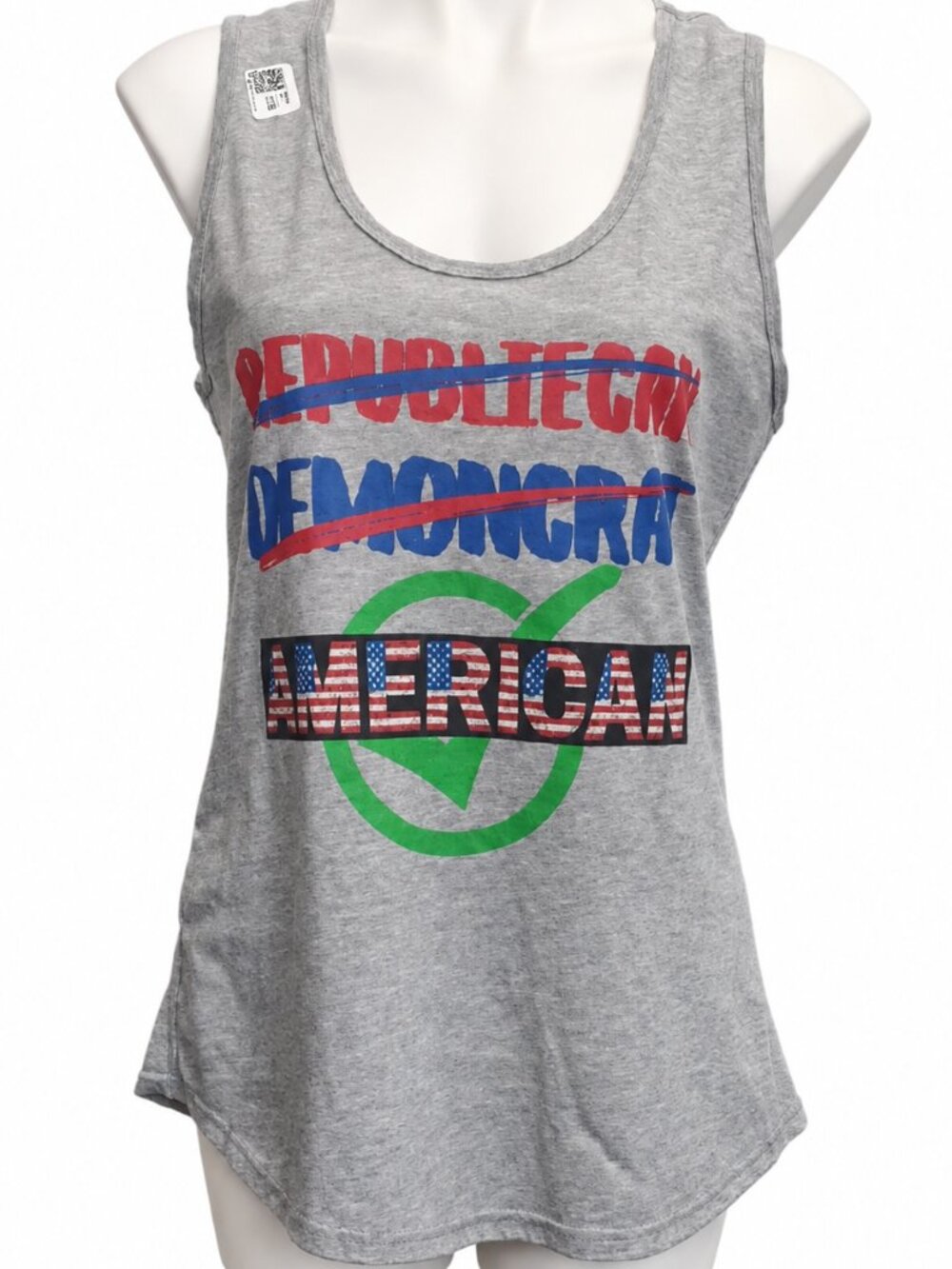 Medium Women’s Gray Republican Democrat American Flag Patriotic Graphic Tank Top